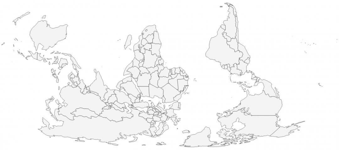 World political map, Robinson projection, with south pointing up. 